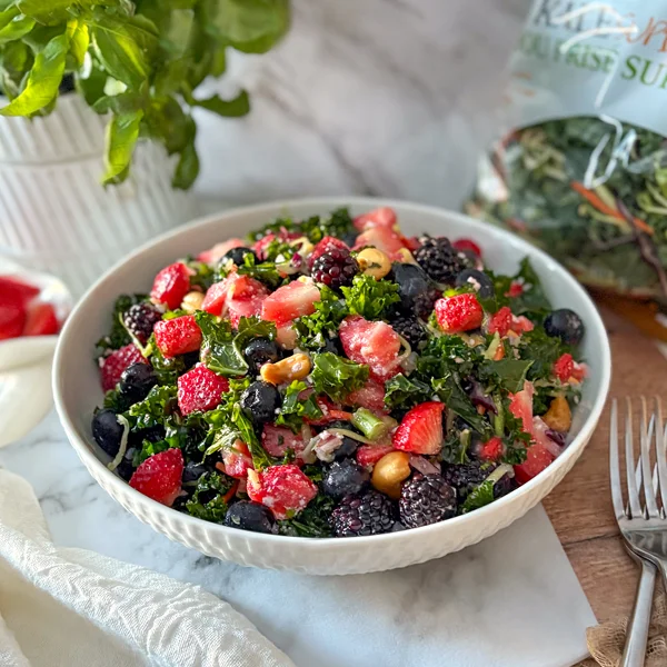 Kale Super Blend fruit salad with dressing