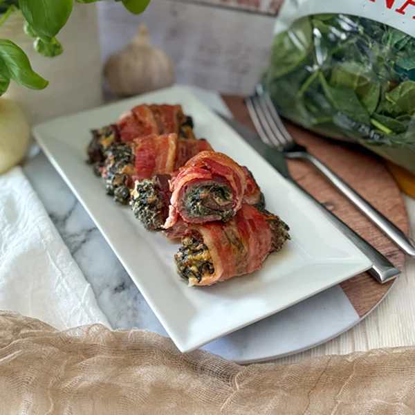 Spinach and Boursin Fig Balsamic Cheese filling rolled in Meat and wrapped in Bacon
