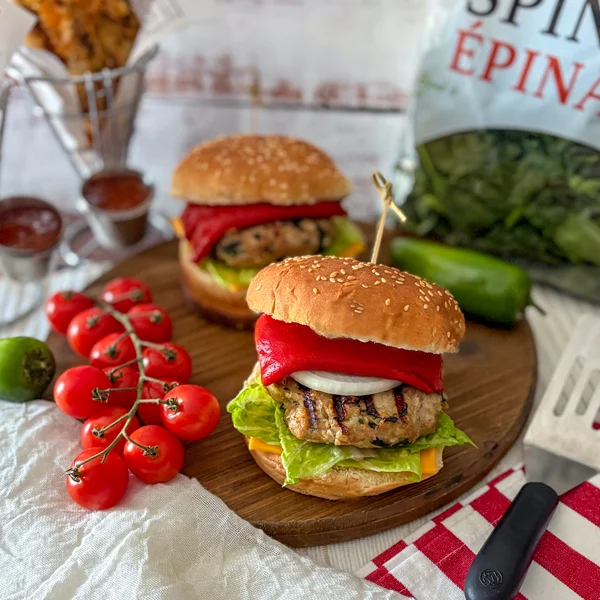 Burgers au poulet, épinards et fromage