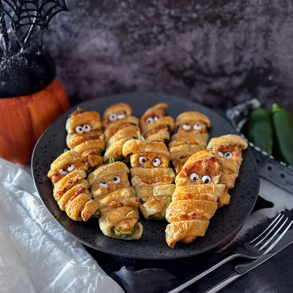 Jalapenos stuffed with a cream cheese mixture wrapped in puff pastry