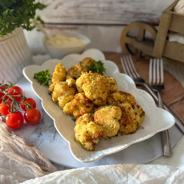 Roasted Cauliflower coated with parmesan cheese and seasoning